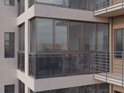 Multi Level Villa Balcony With Glass Railing And Brick Wall Design 3d model