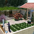 Garden Landscape Design with Red Tile Roof Pergola Green Vines Stone Path and Colorful Flowers