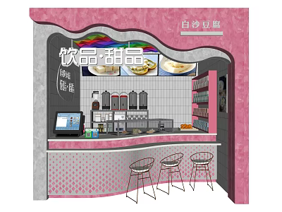Pink Dessert Shop Interior With Bar Counter Stools And Drinks Desserts 3d model