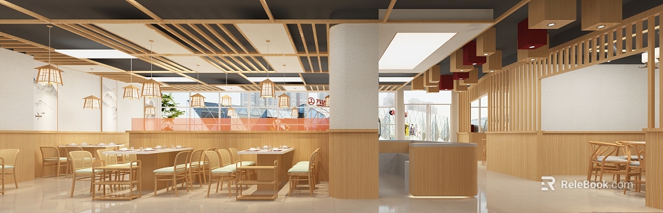 Modern Hotpot Restaurant Interior With Wooden Decoration Lanterns Dining Tables Chairs And Open Space 3d model 