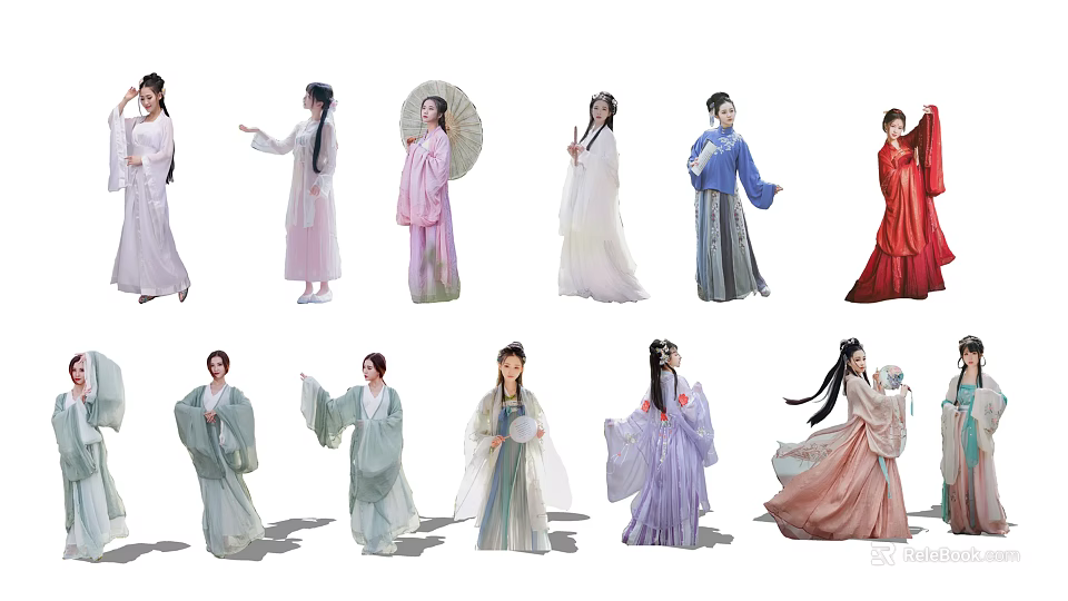 Group of People Wearing Traditional Hanfu in Various Colors and Elegant Poses 3d model 