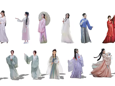 Group of People Wearing Traditional Hanfu in Various Colors and Elegant Poses 3d model