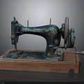 Vintage Blue Sewing Machine With Rustic Finish On Wooden Base