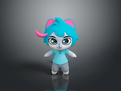 Cute 3D Cartoon Cat Character With Blue Hair Pink Horn And Blue Shirt Gray Pants 3d model