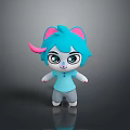 Cute 3D Cartoon Cat Character With Blue Hair Pink Horn And Blue Shirt Gray Pants