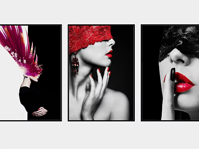 Artistic Female Portrait Paintings With Pink Feather Headdress Red Black Lace Blindfolds And Red Lips 3d model