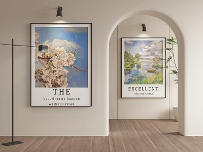 Scenic Landscape Painting with Green Trees River and Small Boat Hanging on White Wall 3d model