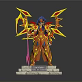 Action Figure With Blue Hair Red Gold Armor Yellow Winged Design Weapon On Marble Base