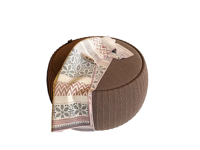 Round Brown Textured Ottoman With Decorative Patterned Fabric Draped On Top 3d model