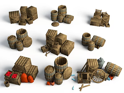 3D Model Collection Featuring Wooden Crates Barrels Wheelbarrow Fruits And Tools 3d model