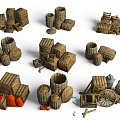3D Model Collection Featuring Wooden Crates Barrels Wheelbarrow Fruits And Tools