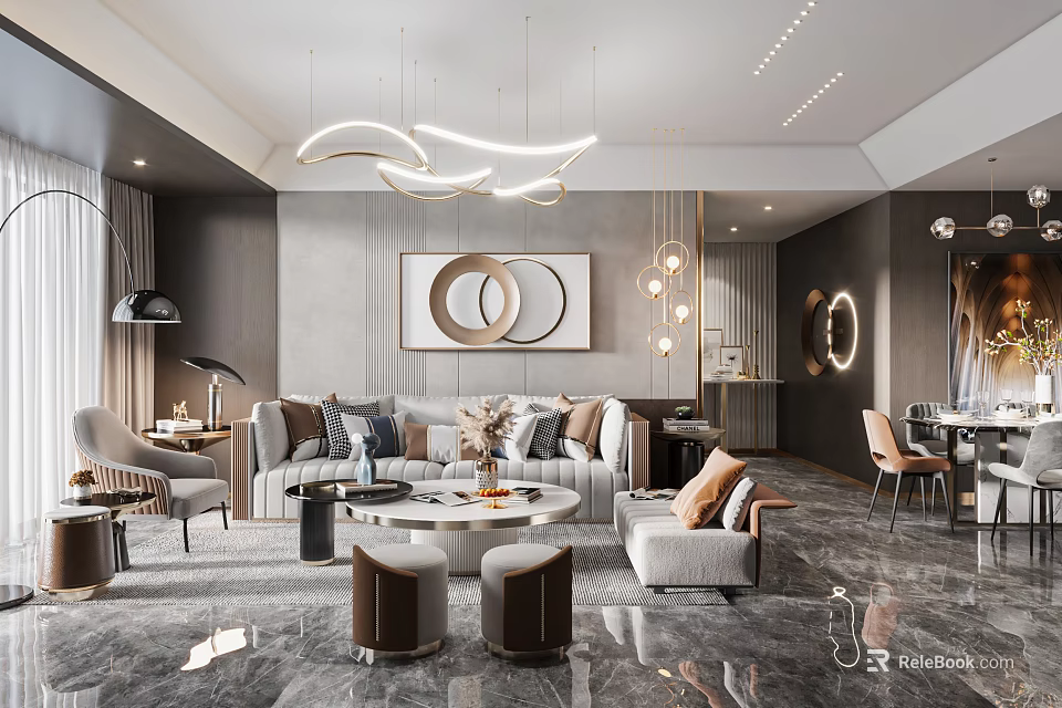 Modern Luxury Living Room Interior With Gray Walls Sofa Round Coffee Table And Pendant Lights 3d model 
