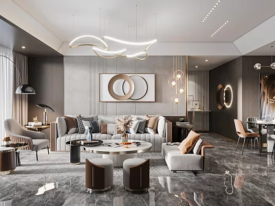 Modern Luxury Living Room Interior With Gray Walls Sofa Round Coffee Table And Pendant Lights 3d model