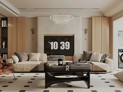 Modern Living Room Interior With Sofa Coffee Table TV Chandelier Rug And Wooden Cabinets 3d model