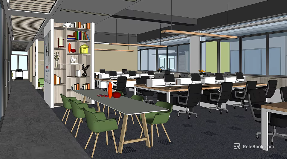 Modern Public Office Space With Open Layout Workstations Green Chairs Meeting Table And Natural Light 3d model 