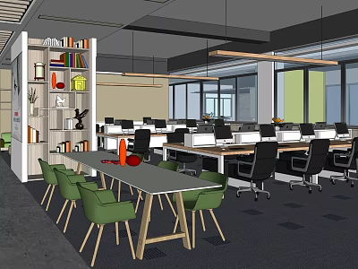 Modern Public Office Space With Open Layout Workstations Green Chairs Meeting Table And Natural Light 3d model