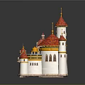 Fairy Tale Castle Architecture With Red Domes White Walls and Flag Topped Towers