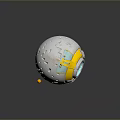 Futuristic Spherical Device With White Yellow Body Blue Accents Circular Opening And Small Yellow Sphere