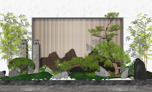 New Chinese style landscape sketch courtyard landscape wall stone 3d model