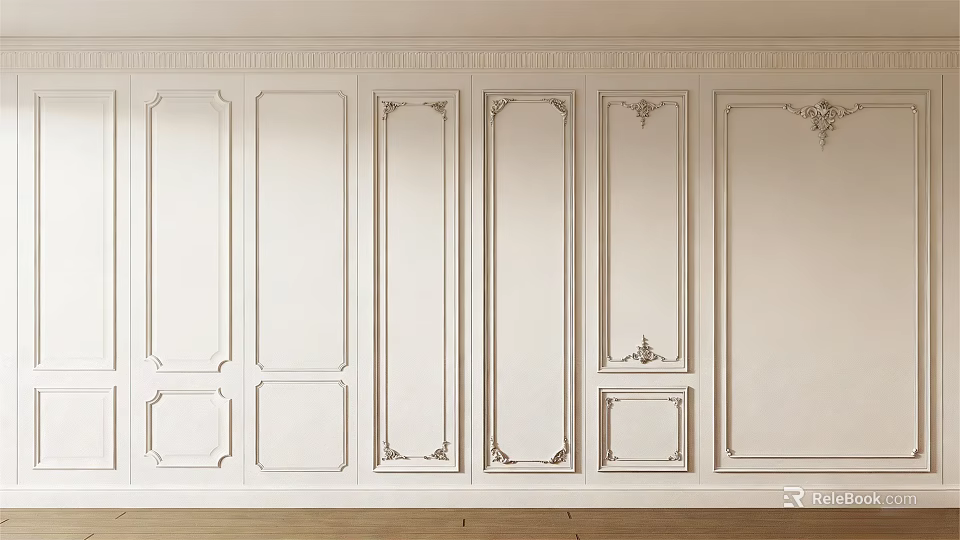 Classical White Wainscoting Design With Decorative Trim And Carvings For Interior Wall 3d model 