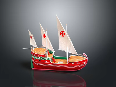 Traditional Sailing Ship With Red Hull Green Bottom And White Sails Featuring Red Star Symbols 3d model