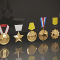 Golden Trophies and Medals Display With Various Designs And Colorful Ribbons