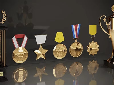 Golden Trophies and Medals Display With Various Designs And Colorful Ribbons 3d model