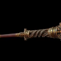 Detailed Ornate Scepter Weapon with Golden Decorations Carvings Red Wooden Shaft and Golden Sphere Top