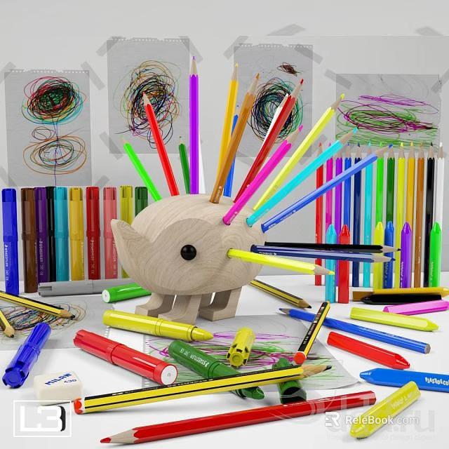 Colorful Art Pens Scattered Around Hedgehog Shaped Wooden Holder With Colored Pencils Markers And Doodles 3d model 