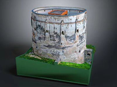 Commercial Equipment Circular Model Featuring Weathered Walls Small Windows Green Grass Base and Orange Top 3d model