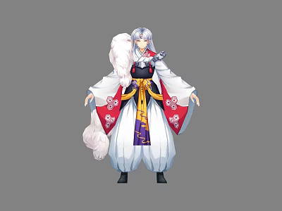 White Haired Character In Traditional Outfit With Red White Patterns Yellow Sash And Fox Tails 3d model