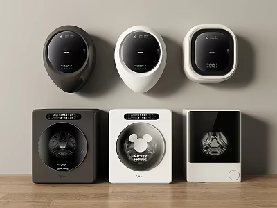 Modern Wall Mounted And Tabletop Washing Machines Black White With Digital Control Panels 3d model