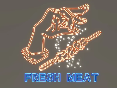 Neon Decorative Light With Hand Shaped Design Skewer Element Light Dots And Fresh Meat Text 3d model