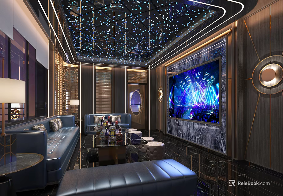 Luxury KTV Room Interior With Starry Ceiling Large Screen And Leather Sofas 3d model 