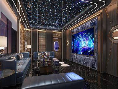 Luxury KTV Room Interior With Starry Ceiling Large Screen And Leather Sofas 3d model