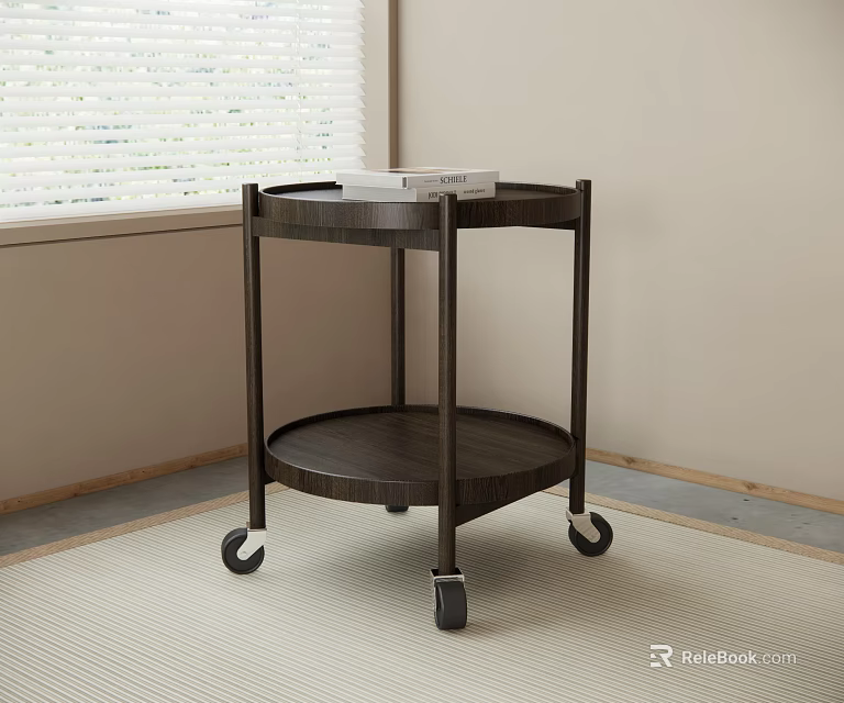 Modern Round Dark Wood Side Table With Two Tier Shelves And Wheels 3d model 
