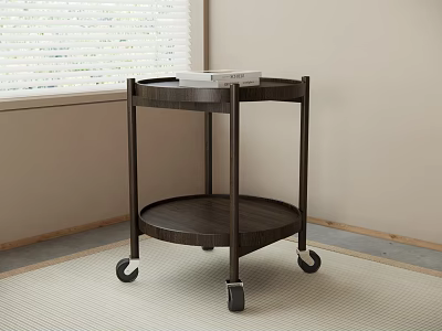 Modern Round Dark Wood Side Table With Two Tier Shelves And Wheels 3d model