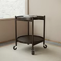 Modern Round Dark Wood Side Table With Two Tier Shelves And Wheels