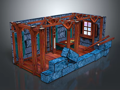 Cartoon Scene With Wooden Frame Blue Stone Blocks Window And Wooden Floor 3d model
