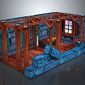 Cartoon Scene With Wooden Frame Blue Stone Blocks Window And Wooden Floor