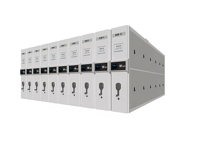 Row of Neatly Arranged White Metal Bookcases With Handles And Labels 3d model