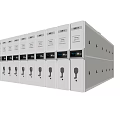 Row of Neatly Arranged White Metal Bookcases With Handles And Labels