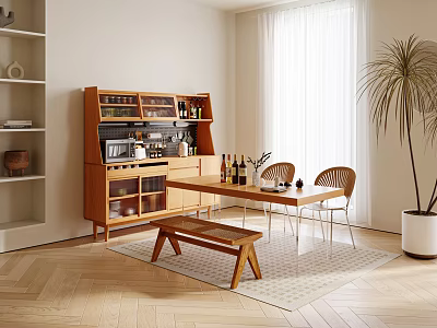 Wooden Dining Table Set With Chairs Sideboard Cabinet And Potted Plant In Natural Light 3d model