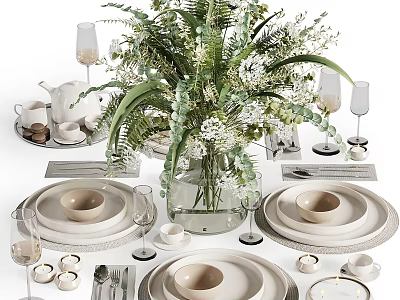 Elegant Decorative Ornament Set With Tableware Vase Fresh Flowers Wine Glasses Teacups And Plates 3d model