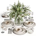 Elegant Decorative Ornament Set With Tableware Vase Fresh Flowers Wine Glasses Teacups And Plates