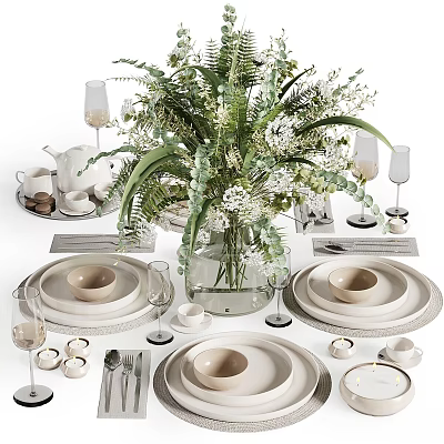 Elegant Decorative Ornament Set With Tableware Vase Fresh Flowers Wine Glasses Teacups And Plates 3d model