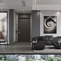 Modern Living And Dining Room Interior With Black Sofa Coffee Table Chairs Spiral Wall Art