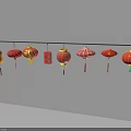 Traditional Household Lanterns in Multiple Colors and Designs Hanging on String Over White Wall