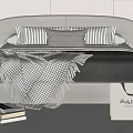 Modern Double Bed Interior With Curved Headboard Striped Pillows And Checkered Blanket