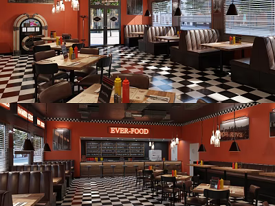Vibrant Restaurant Interior With Orange Walls Black White Checkered Floor Booth Seating And Chalkboard Menu 3d model